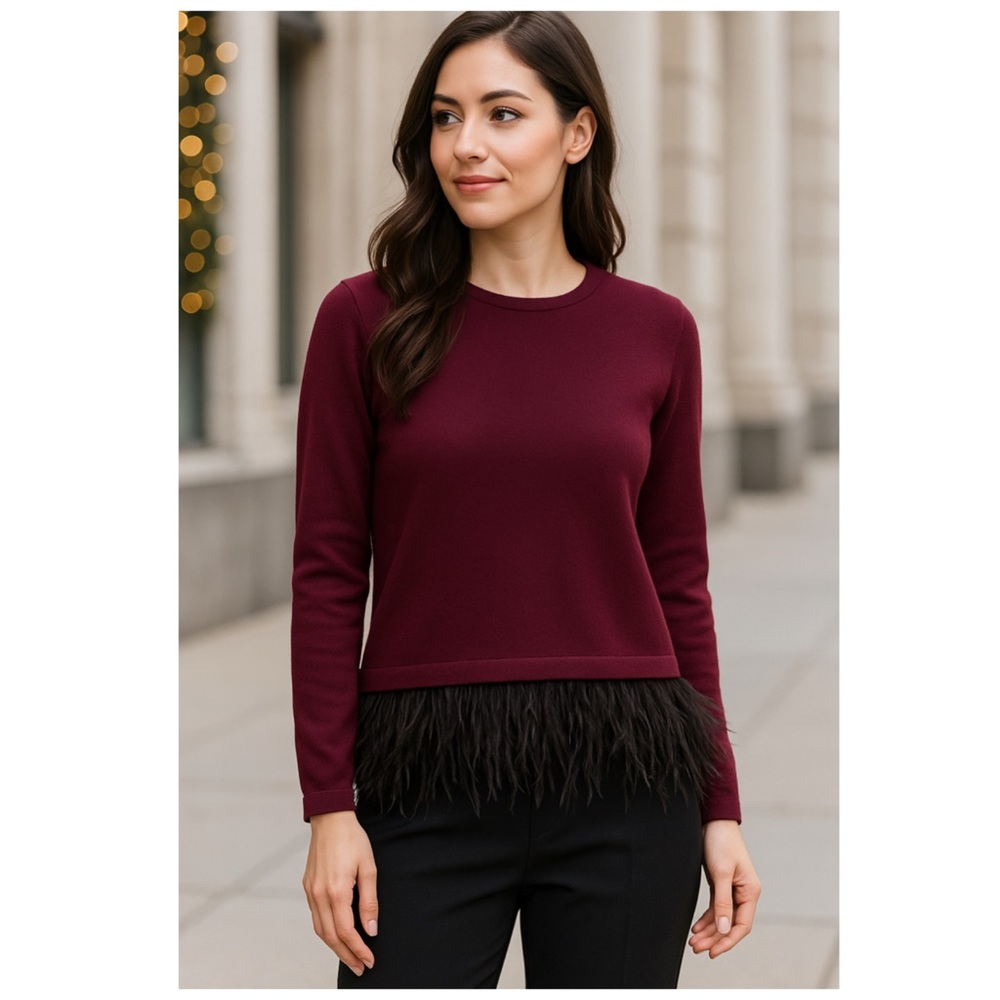 Milly Burgundy Feather Trim Sweater Ostrich Hem Small New